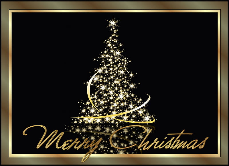 Merry Christmas, tree, gold, framed, christmas, HD wallpaper