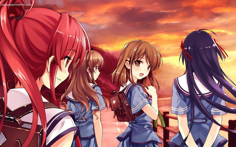 Anime school girls, school uniforms, girls, red hair, Anime, HD wallpaper