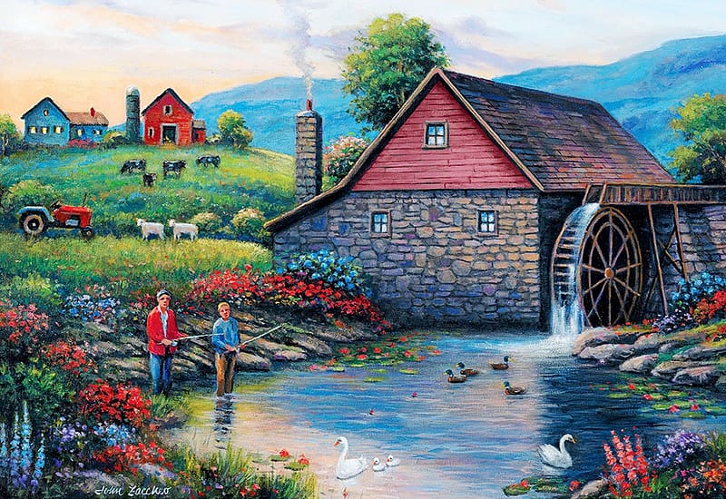Fishing By The Waterwheel, artwork, ducks, river, watermill, painting, HD wallpaper