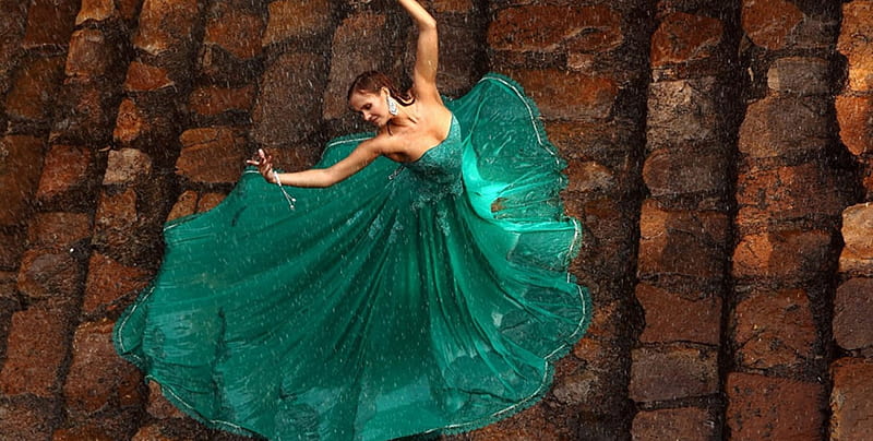 Dancing in the rain, pretty, rain, woman, dancer, HD wallpaper
