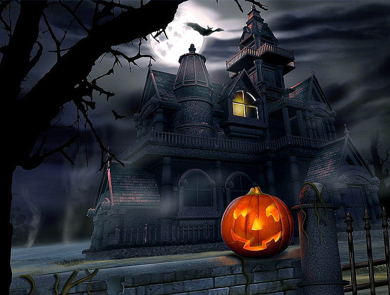 Halloween, colorful, house, colors, black, bonito, eautiful, darkness, pumpkin, dark, castle, light, night, HD wallpaper