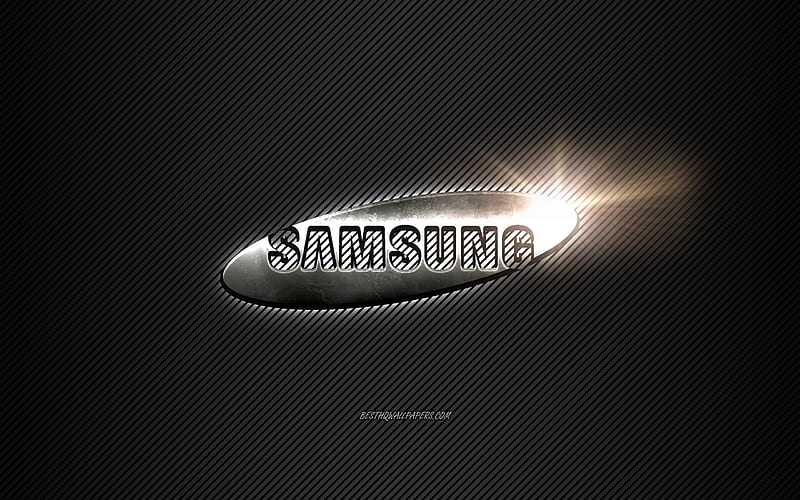 Samsung Metal logo, black lines background, black carbon background, Samsung logo, emblem, metal art, Samsung, HD wallpaper