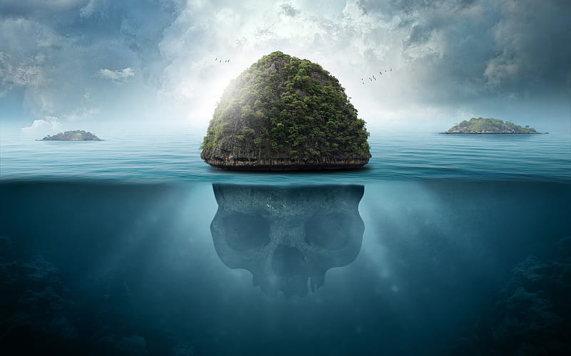 island underwater world, skull, sea, creative, HD wallpaper