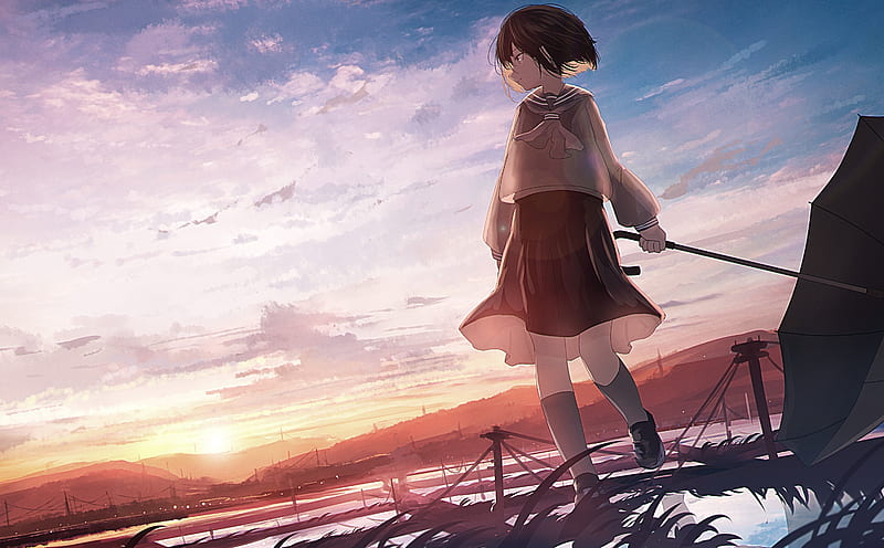 anime girl, sunset, umbrella, clouds, profile view, Anime, HD wallpaper
