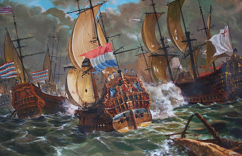 Ships at battle(for William), ships, art, battle, painting, sea, HD wallpaper