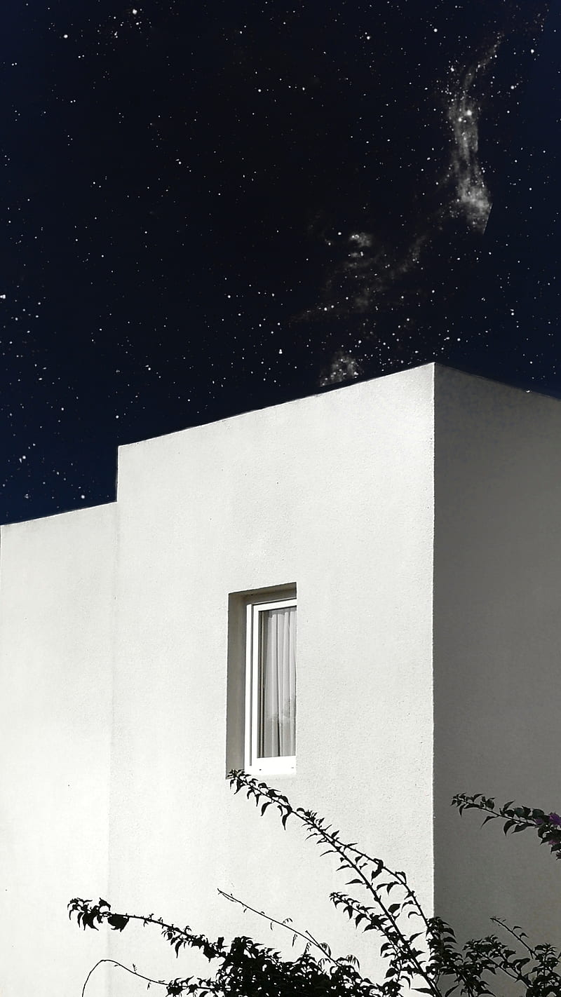 The white facade , house, stars, space, sky, night, bonito, window, symetry, minimalist, HD phone wallpaper