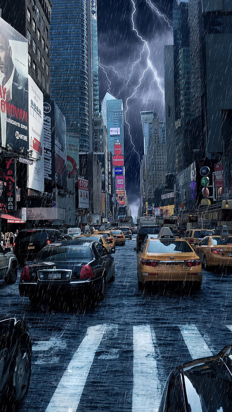 New york, buildings, carros, rain, road, storm, taxi, thunder, usa, winter, HD phone wallpaper