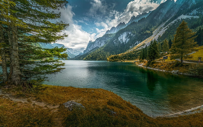 mountain lake, spring, glacial lake, Alps, beautiful mountain landscape, forest, HD wallpaper