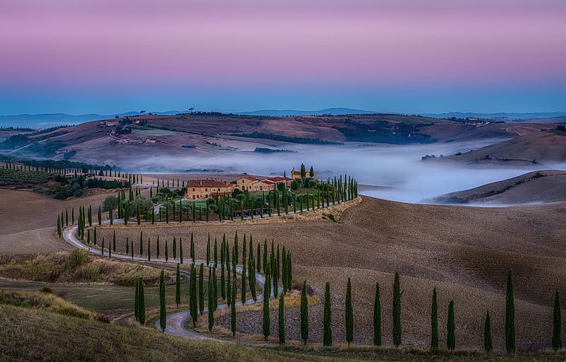 Landscape, Italy, Road, Fog, Hill, , Tuscany, HD wallpaper