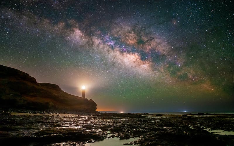 Lighthouse Galaxy Starry sky Fuerteventura Spain, HD wallpaper