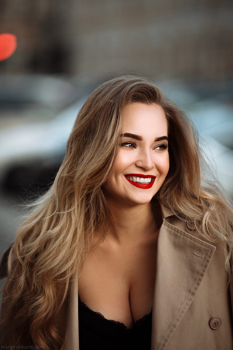 women, model, Ivan Proskurin, red lipstick, smiling, trench coat, long hair, blonde, looking away, women outdoors, Anna, HD phone wallpaper