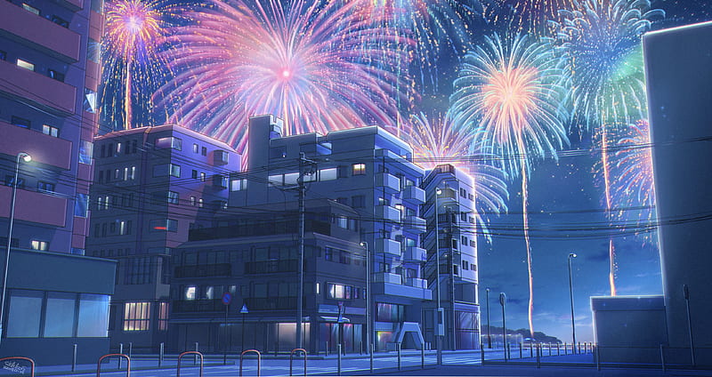 Những cuộc pháo hoa lấp lánh trong đêm, chiếu sáng toàn bộ thành phố anime nổi tiếng. Hãy cảm nhận sự phấn khích tột độ gợi lên bởi hình ảnh tuyệt đẹp này, một kiệt tác của anime đầy sáng tạo.