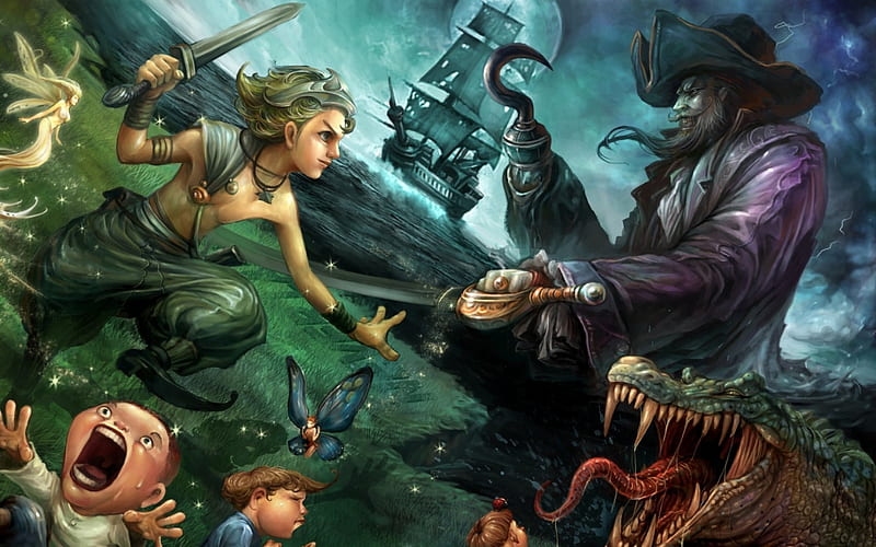 Peter Pan, pirates, captain hook, boy, fantasy, battle, green, ship, fairy, disney, HD wallpaper