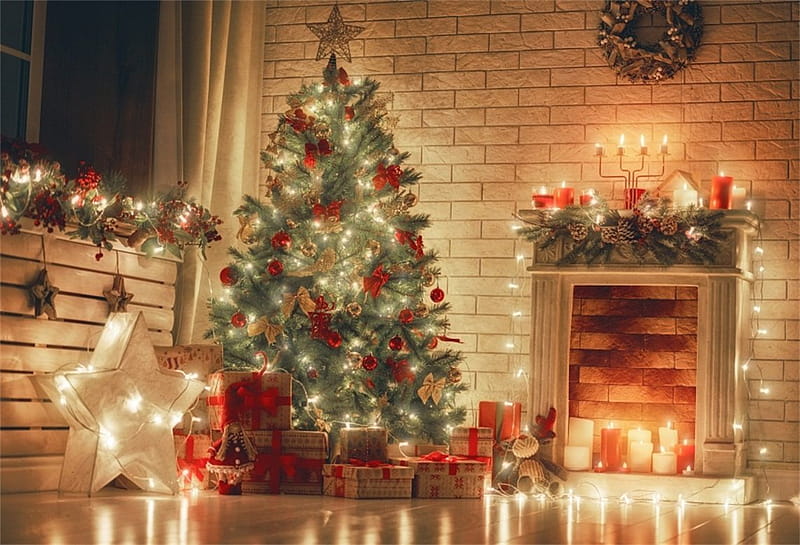 AOFOTO ft Decorated Christmas Living Room Backdrop New Year Tree Fireplace Xmas Light Gift graphy Background Holiday Festive Interior Party Decor Studio Props Vinyl Portrait : Everything Else, HD wallpaper