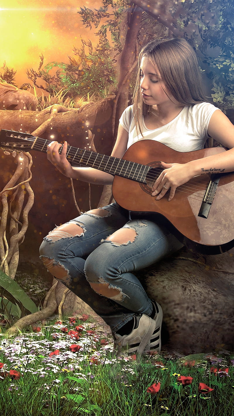 Music for relax, girl, guitar, jeans, nature, playing guitar, pretty, HD phone wallpaper