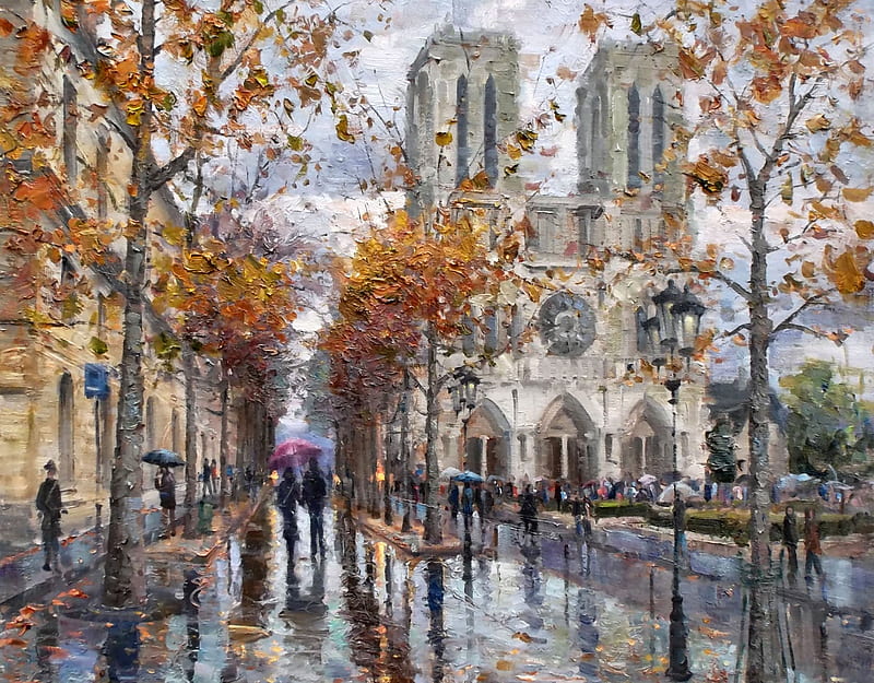Notre Dame in Rain, architecture, art, cathedral, Notre Dame, France, religious, bonito, church, artwork, Paris, painting, wide screen, Paprocki, chapel, scenery, HD wallpaper