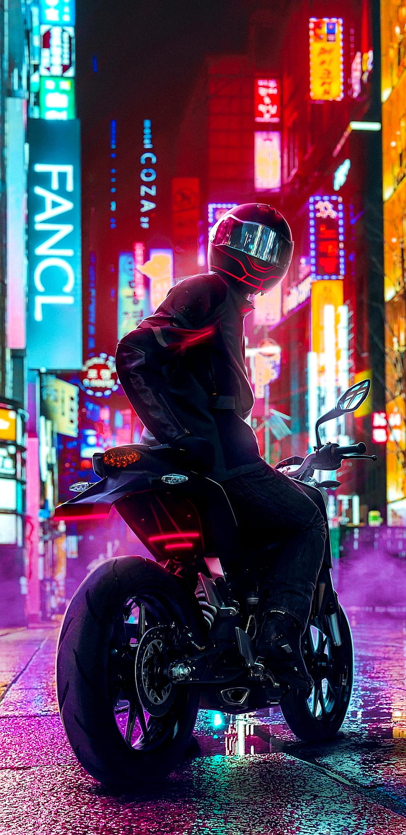Biker, city, monster, motorcycle, neon, night, super, HD phone wallpaper