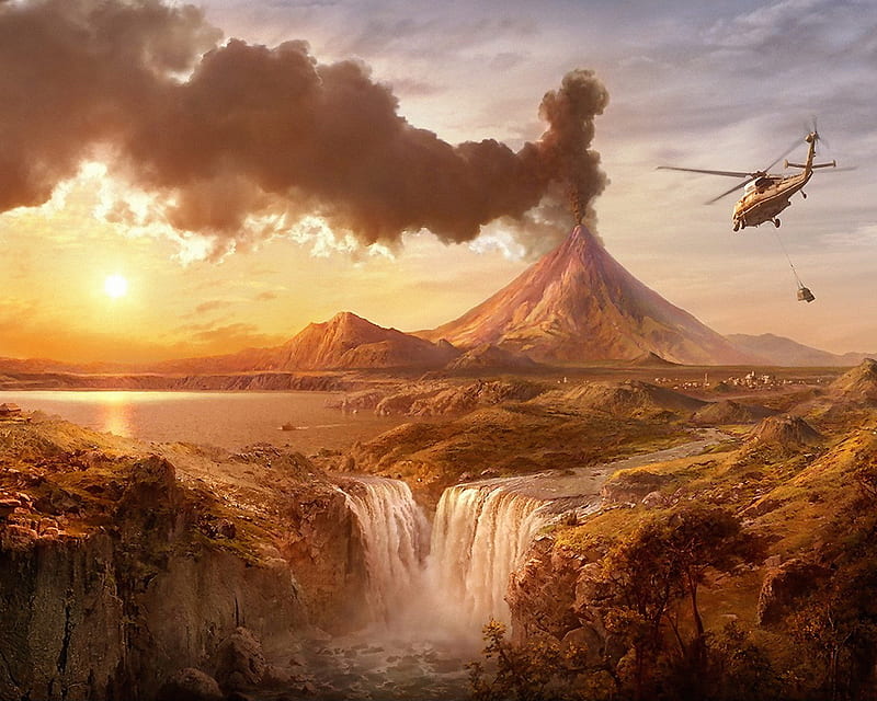 Volcano eruption, 3d, cg, helicopter, eruption, mihi, aequus, abstract, volcano, HD wallpaper