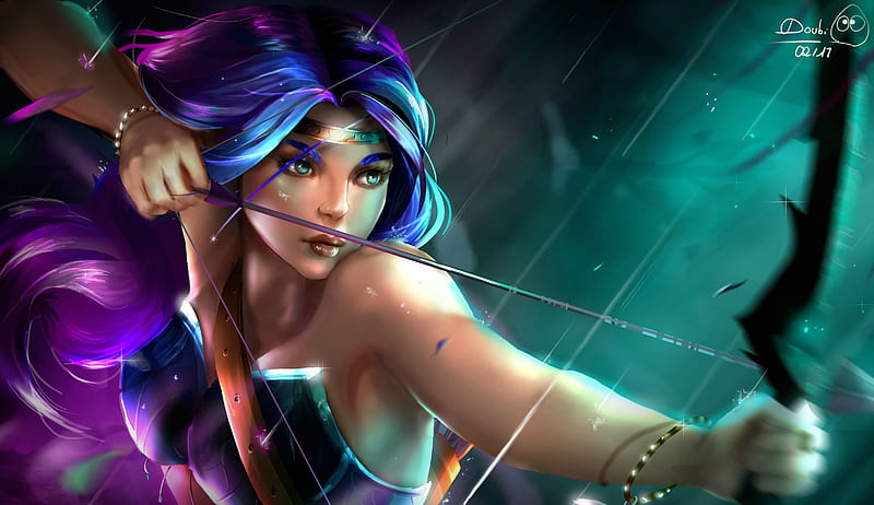 Archer, luminos, fantasy, girl, green, purple, rain, pink, aish, HD wallpaper