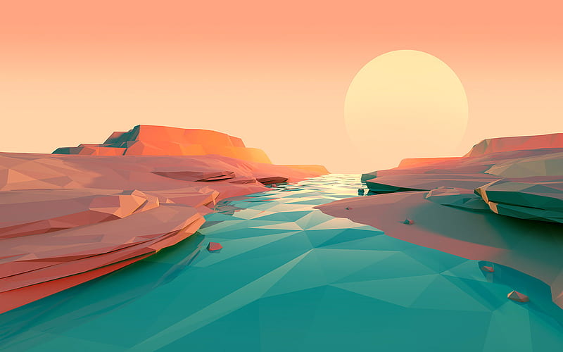 isometric landscape, river, cliffs, 3d landscapes, polygons, HD wallpaper