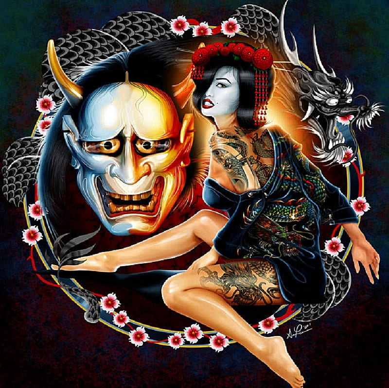 Oni and the Geisha, devil mask, fantasy, female, japanese, dragon, artwork, HD wallpaper