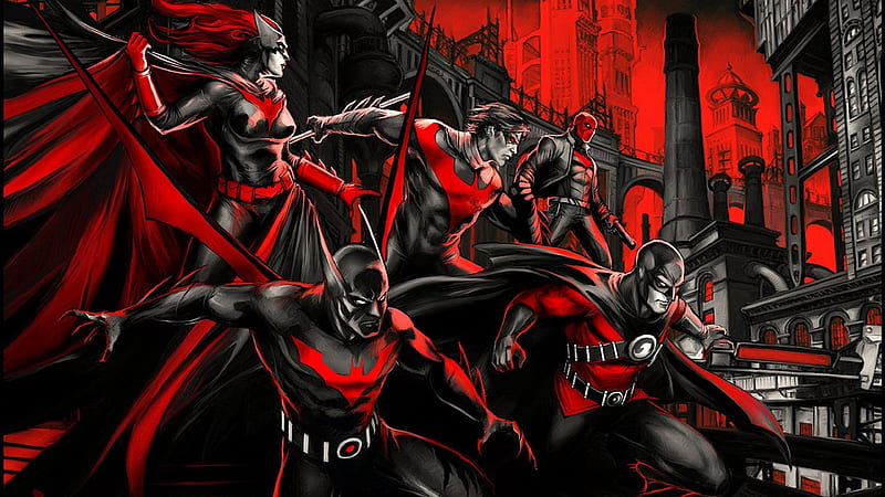 Gotham In Red, gotham, batman, nightwing, red-hood, batwoman, robin, superheroes, artwork, digital-art, HD wallpaper