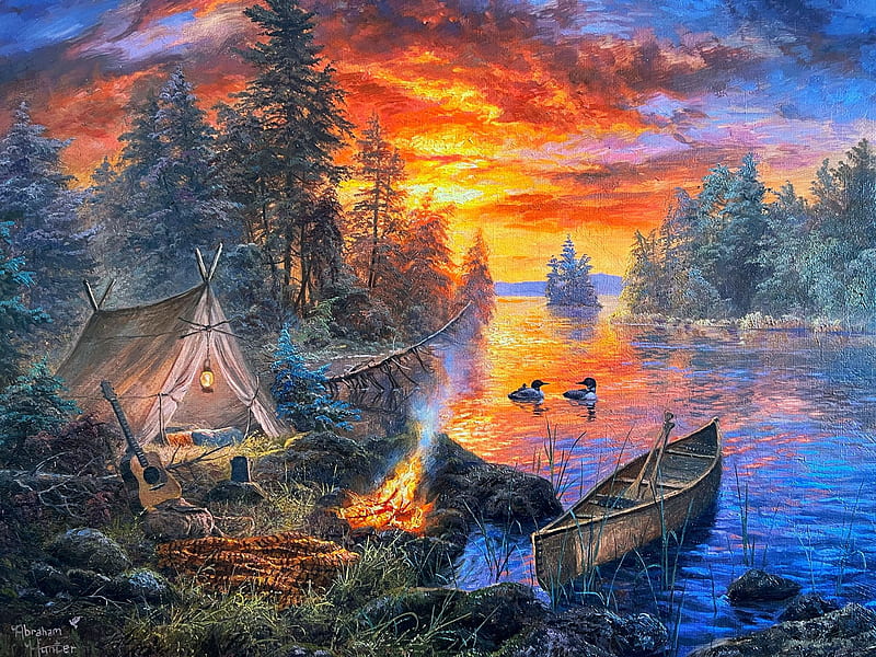 Crimson Campsite, sky, tent, campfire, sunset, river, boat, birds, colors, artwork, painting, trees, HD wallpaper