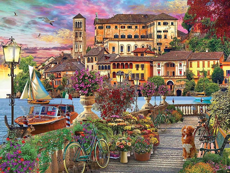 Italian Promenade, bicycle, boats, town, lantern, flowers, houses, lake, dog, art, digital, HD wallpaper