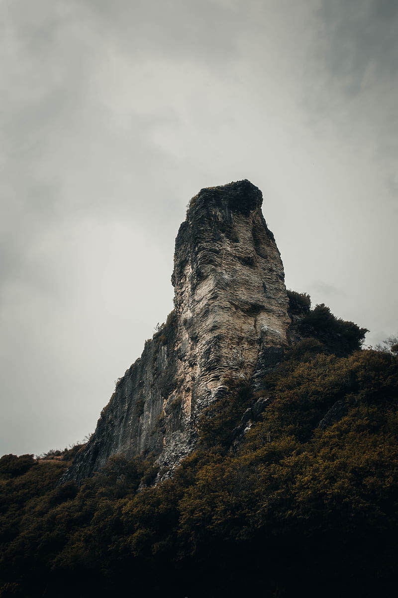 rock, peak, mountain, trees, nature, HD phone wallpaper