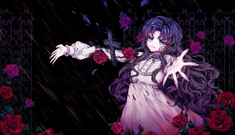 anime girl, sad expression, roses, lolita, purple hair, Anime, HD wallpaper