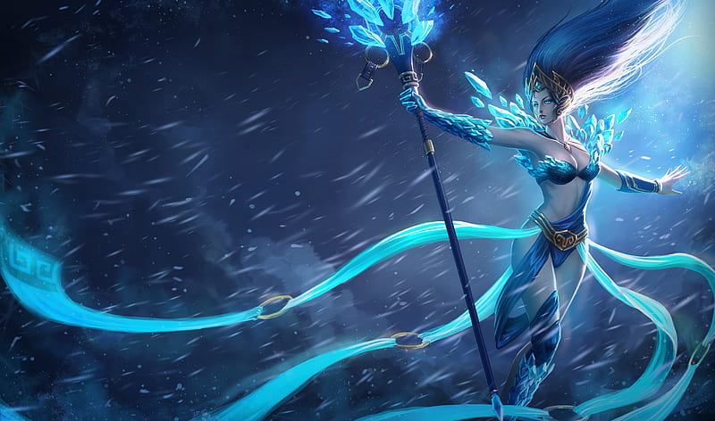 Frost Queen Janna, janna, staff, wind, league of legends, girl, hail, ice, the storms fury, blue, frost, HD wallpaper