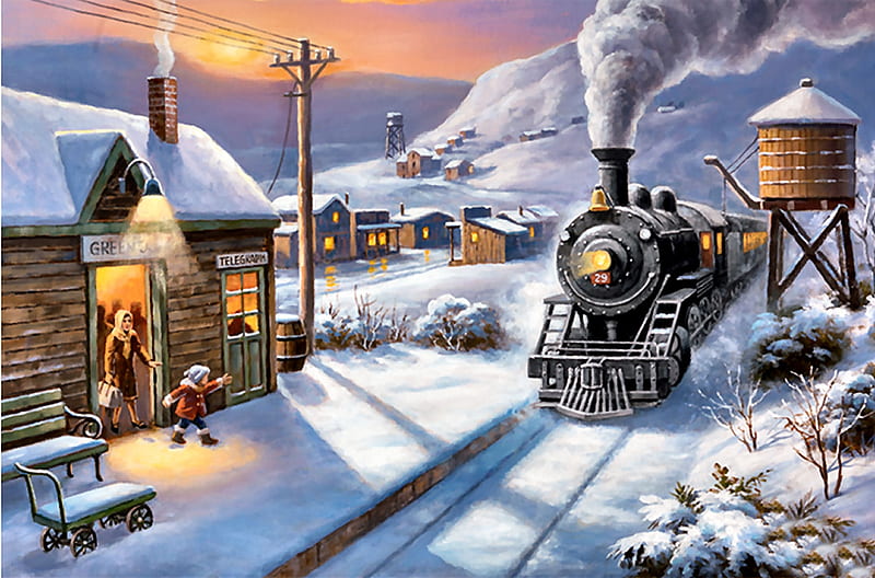 Winter Train F1C, railroad, art, locomotive, bonito, illustration, artwork, train, engine, painting, wide screen, tracks, HD wallpaper