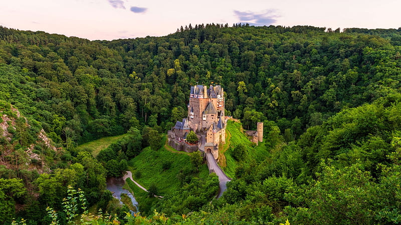 Eltz Castle, Germany, forest, hills, clouds, building, landscape, trees, sky, HD wallpaper