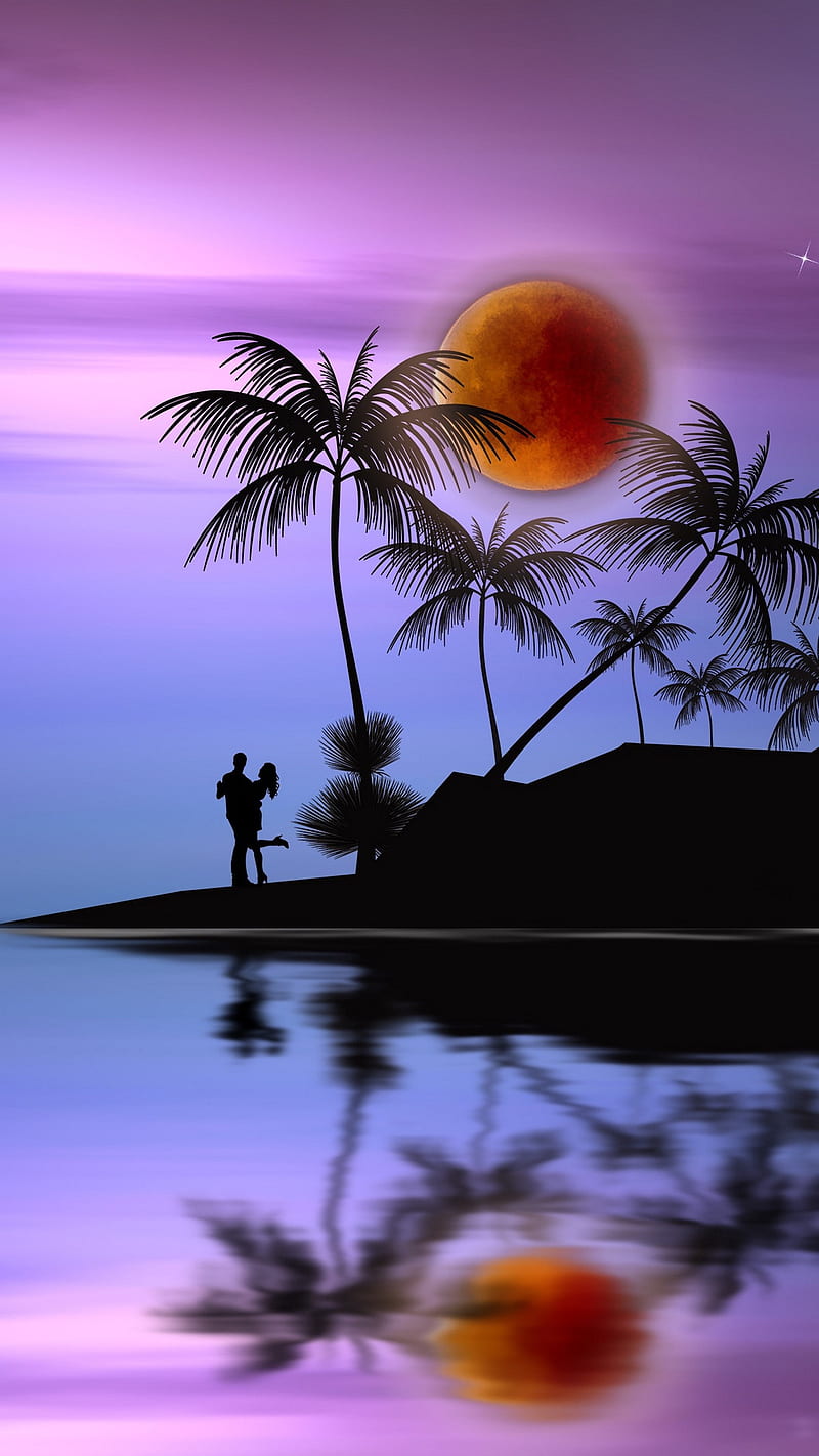 Island Couples , moon, palms, silhouettes, love, couple, couple in love, romantic, i love u, i love you, HD phone wallpaper
