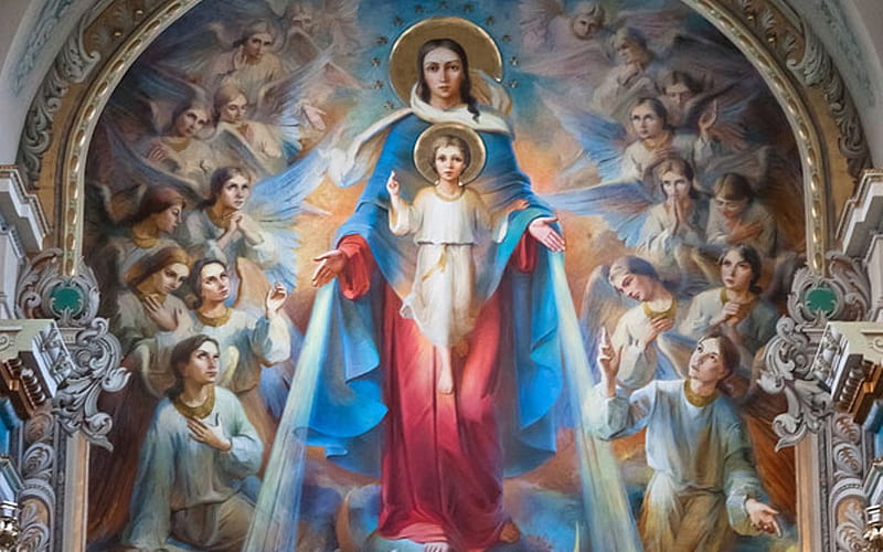 Mother Mary, Virgin, angels, Child, Mary, Jesus, HD wallpaper