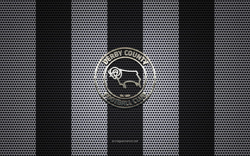 Derby County FC logo, English football club, metal emblem, black and white metal mesh background, Derby County FC, EFL Championship, Derby, Derbyshire, England, football, HD wallpaper