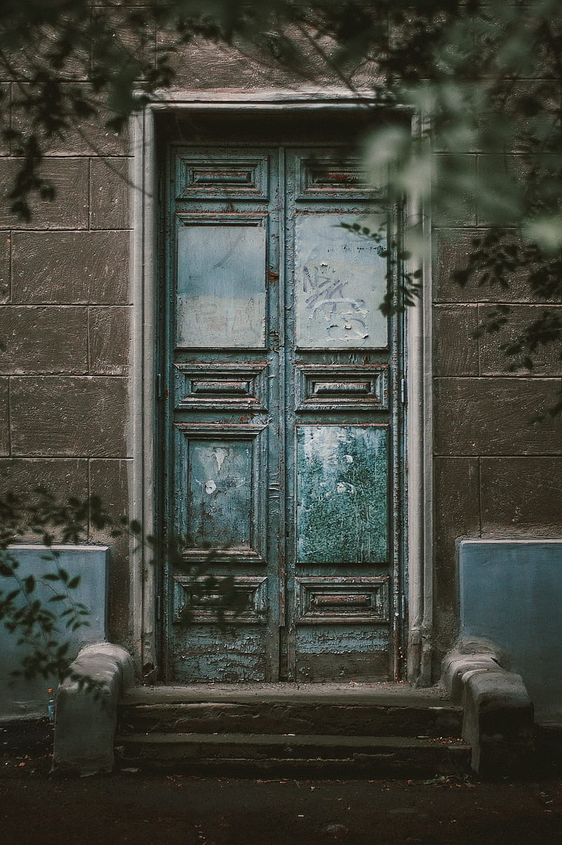 teal wooden door on gray concrete wall, HD phone wallpaper
