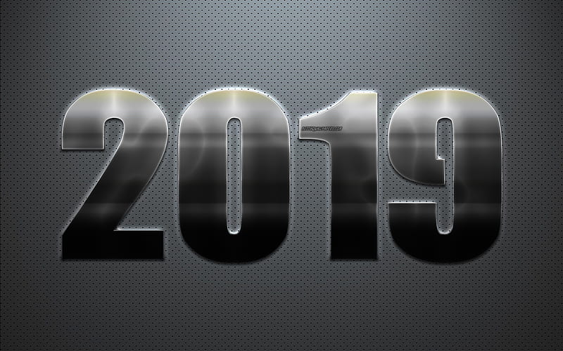 2019 year, New Year, gray creative background, metal digits, 2019 concepts, metalic texture, steel numbers, HD wallpaper