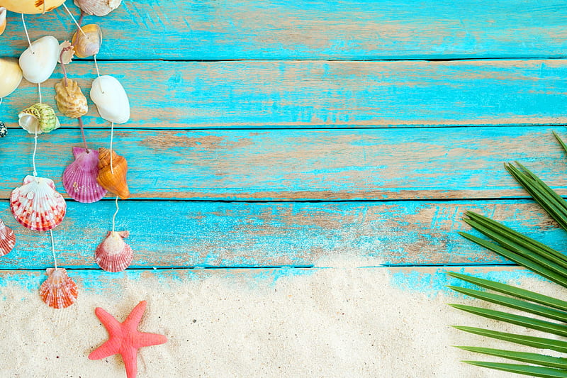 Happy Summer!, vara, sand, shell, pink, blue, wood, card, starfish, summer, HD wallpaper