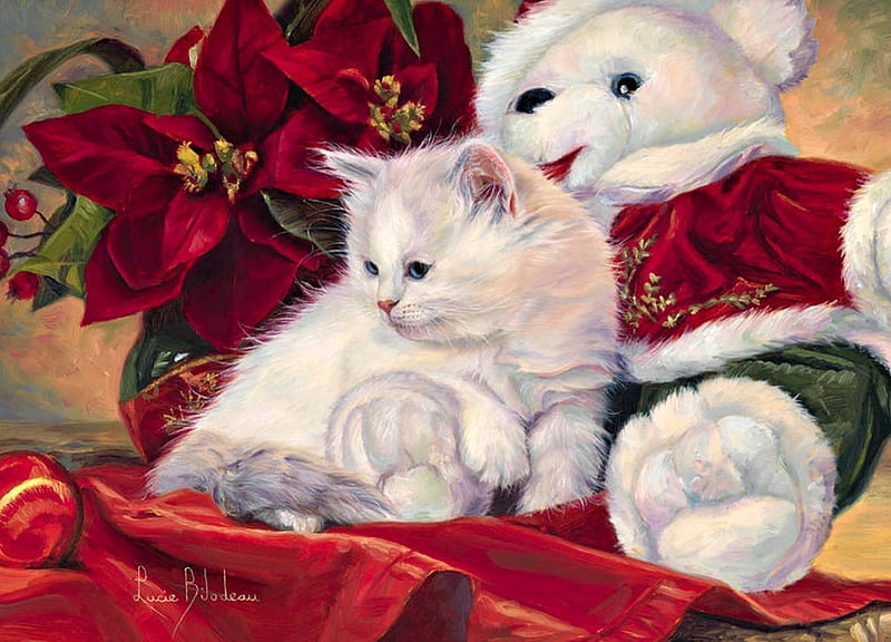 Christmas kitten, red, art, craciun, christmas, toy, cat, animal, cute, ball, painting, flower, kitten, white, teddy bear, pictura, lucie bilodeau, HD wallpaper