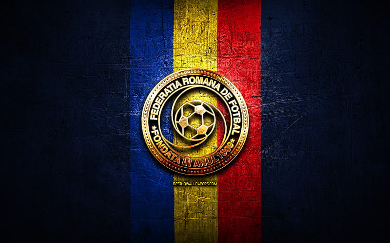 Romania National Football Team, golden logo, Europe, UEFA, blue metal background, Romanian football team, soccer, FRF logo, football, Romania, HD wallpaper