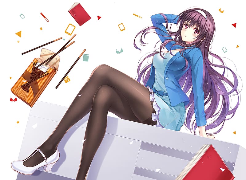 Anime, Book, Dress, Blush, Red Eyes, Long Hair, High Heels, Pantyhose, Purple Hair, Blue Dress, Saekano: How To Raise A Boring Girlfriend, Utaha Kasumigaoka, HD wallpaper