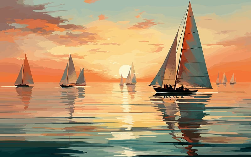 Sailboats, sea, yachts, sunset, AI art, HD wallpaper