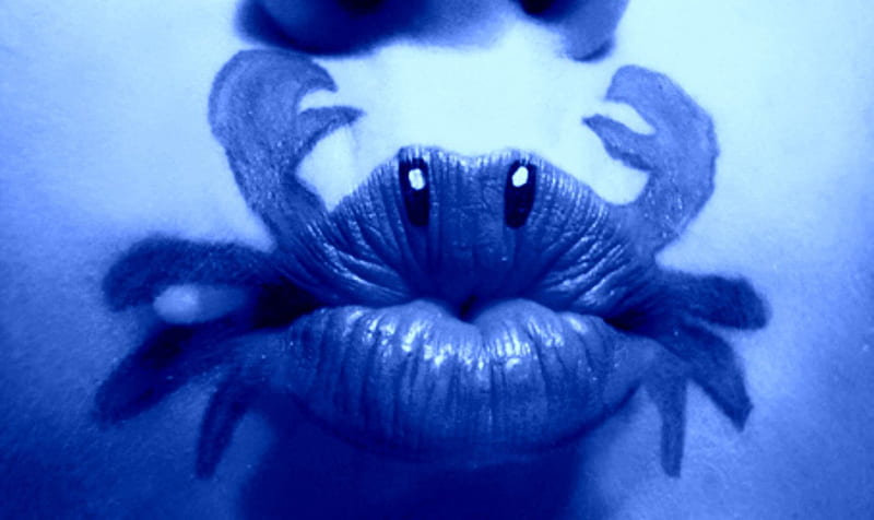 Blue crab :D , cancer, tattoo, zodiac, valentine, abstract, lips, make-up, lipstick, crab, heart, day, funny, blue, HD wallpaper