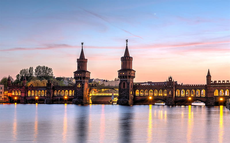 Oberbaum Bridge, Berlin, River Spree, Friedrichshain, Kreuzberg, evening, sunset, landmark, Berlin cityscape, Germany, HD wallpaper