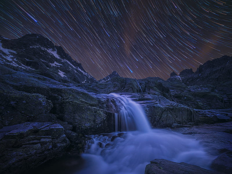 Star Trail Waterfall Nightscape, HD wallpaper