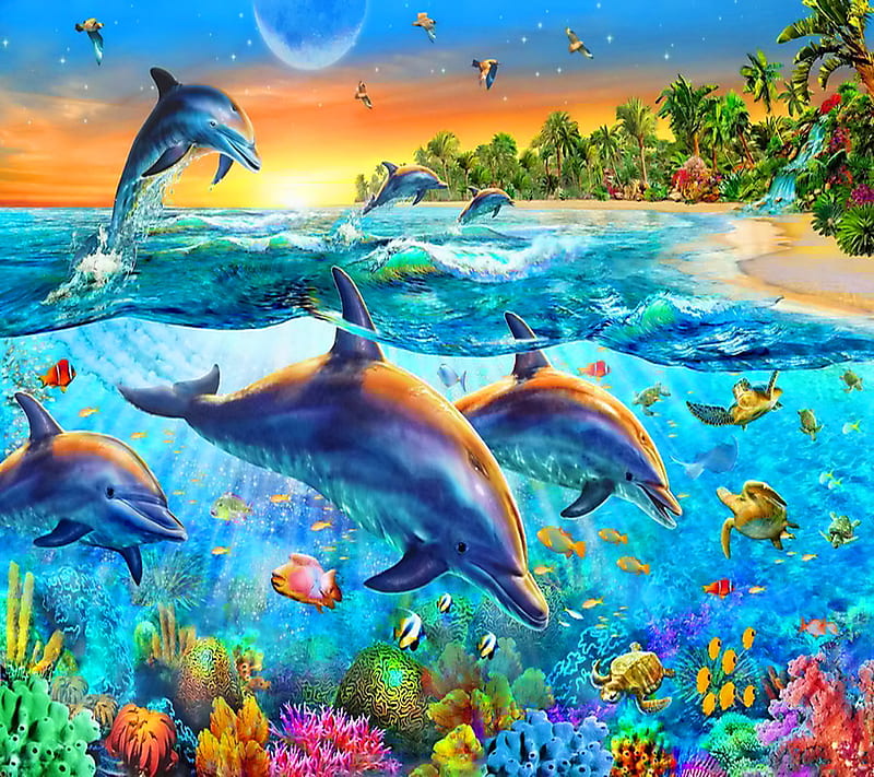 Dolphins Paradise, dolphins, tropical, underwater, HD wallpaper | Peakpx