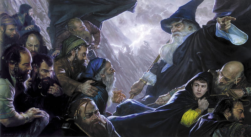 The Hobbit - Expulsion, hobbit, art, fantasy, lotr, gandalf, man, donato giancola, wizard, HD wallpaper