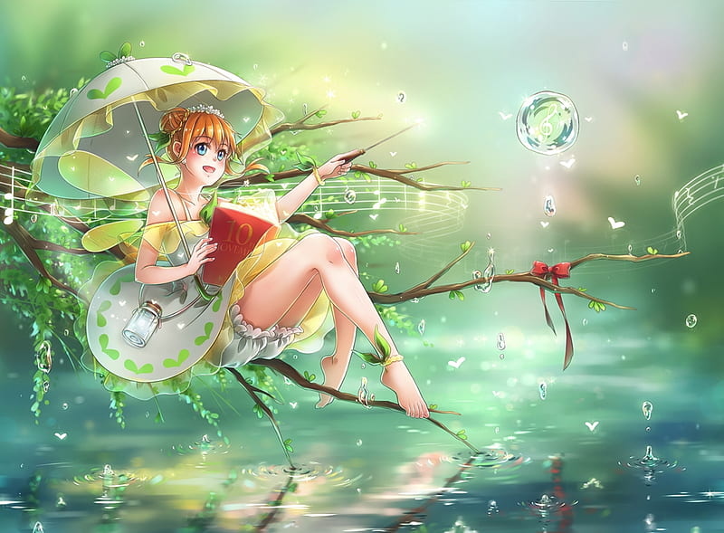 Fairy, luminos, umbrella, manga, water, girl, green, anime, summer, HD  wallpaper | Peakpx