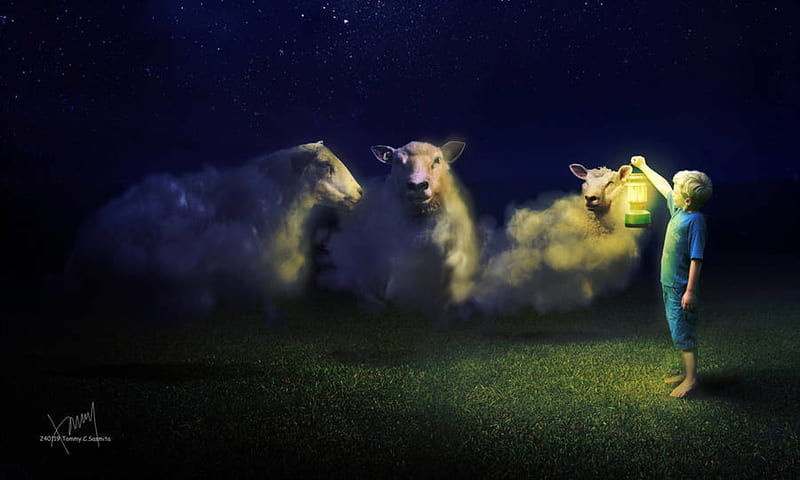 Stranded clouds, child, creative, cold tommy gin, cloud, luminos, lantern, yellow, sheep, boy, fantasy, copil, blue, HD wallpaper